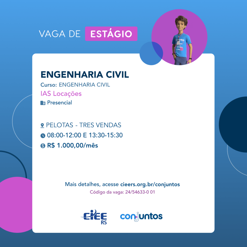 #ParaTodosVerem: Card de fundo azul, com círculos nas cores azul forte e roxo nas laterais. Na parte superior central contém o título: vaga de estágio. Ao lado direito, dentro de um círculo de fundo roxo, está a figura de um estagiário: homem branco, cabelos curtos, vestindo uma camiseta azul claro, por cima um crachá, calça cinza e no pulso um relógio preto. Abaixo, centralizado, um quadrado de fundo branco com a descrição da vaga para Engenharia civil, ofertado ao curso de Engenharia Civil. Em seguida, o nome da empresa contratante: IAS Locações, localizada no bairro Três Vendas de Pelotas. Vaga para estágio presencial. O horário de trabalho será das 8h às 12h e das 13h30 às 15h30. O valor da bolsa é de R$1.000,00 por mês. Abaixo o texto: mais detalhes, acesse cieers.org.br/conjuntos. Informa-se o código da vaga: 24/54633-0 01. Por fim, na parte inferior centralizada encontra-se o logotipo do CIEE RS e do Conjuntos.