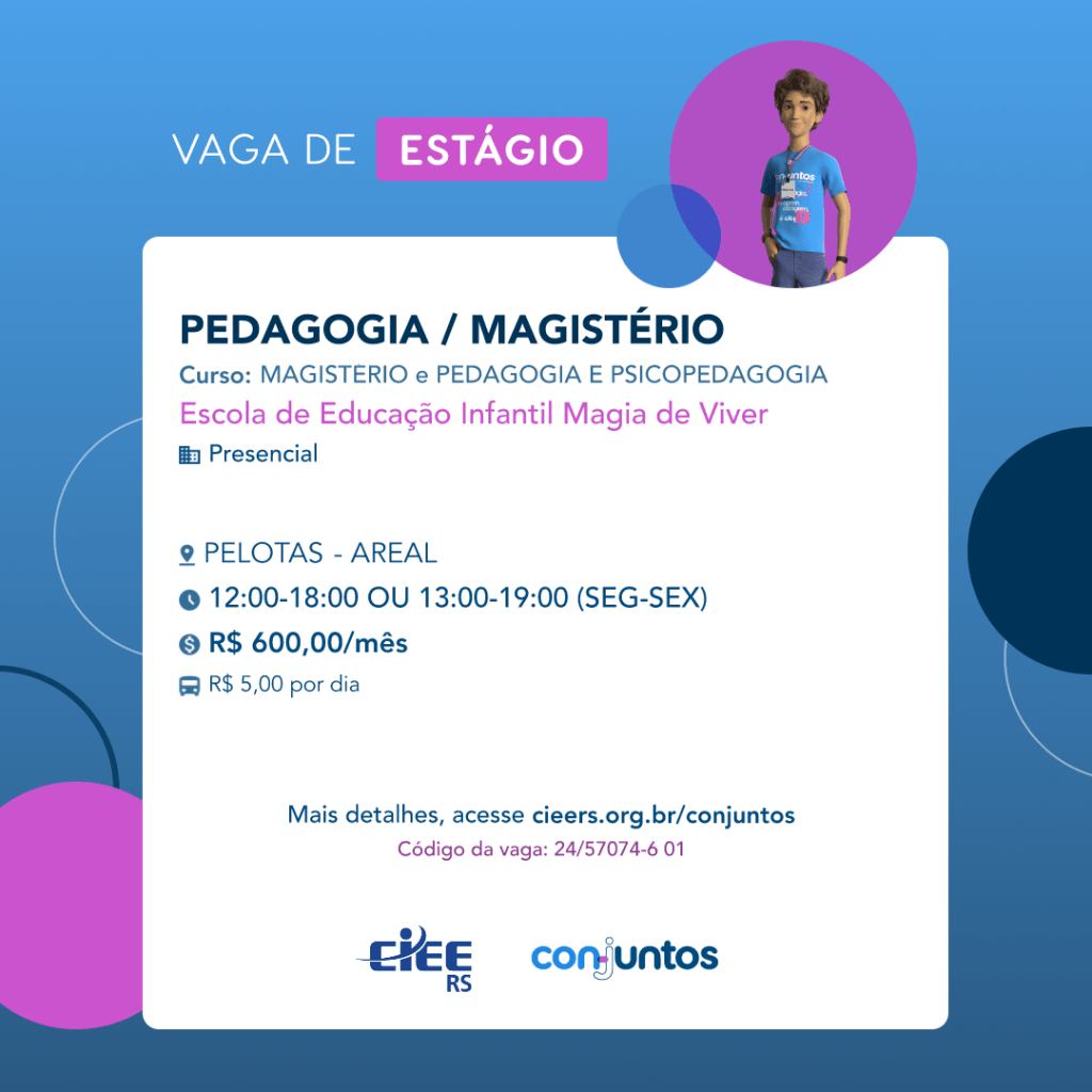 #ParaTodosVerem: Card de fundo azul, com círculos nas cores azul forte e roxo nas laterais. Na parte superior central contém o título: vaga de estágio. Ao lado direito, dentro de um círculo de fundo roxo, está a figura de um estagiário: homem branco, cabelos curtos, vestindo uma camiseta azul claro, por cima um crachá, calça cinza e no pulso um relógio preto. Abaixo, centralizado, um quadrado de fundo branco com a descrição da vaga para Pedagogia/Magistério, ofertado aos cursos de magistério, pedagogia e psicopedagogia. Em seguida, o nome da empresa contratante: Escola de Educação Infantil Magia de Viver, localizada no bairro Areal, em Pelotas. Vaga para estágio presencial. O horário de trabalho será de segunda a sexta das 12h às 18h ou das 13 às19h. O valor da bolsa é de R$600,00 e vale transporte de R$5,00 por dia. Abaixo o texto: mais detalhes, acesse cieers.org.br/conjuntos. Informa-se o código da vaga: 24/57074-6 01. Por fim, na parte inferior centralizada encontra-se o logotipo do CIEE RS e do Conjuntos.