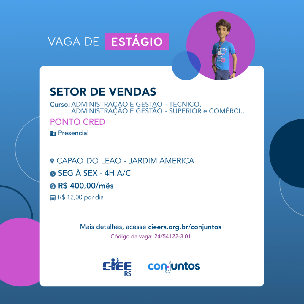 #ParaTodosVerem: Card de fundo azul, com círculos nas cores azul forte e roxo nas laterais. Na parte superior central contém o título: vaga de estágio. Ao lado direito, dentro de um círculo de fundo roxo, está a figura de um estagiário: homem branco, cabelos curtos, vestindo uma camiseta azul claro, por cima um crachá, calça cinza e no pulso um relógio preto. Abaixo, centralizado, um quadrado de fundo branco com a descrição da vaga para Setor de Vendas, ofertado aos cursos de Administração e Gestão - técnico e superior. Em seguida, o nome da empresa contratante: Ponto Cred, localizada no bairro Jardim América, no Capão do Leão. Vaga para estágio presencial. A carga horária é de 4h, a combinar, de segunda à sexta. O valor da bolsa é de R$400,00 por mês e vale-transporte de R$12,00 por dia. Abaixo o texto: mais detalhes, acesse cieers.org.br/conjuntos. Informa-se o código da vaga: 24/54122-3 01. Por fim, na parte inferior centralizada encontra-se o logotipo do CIEE RS e do Conjuntos.