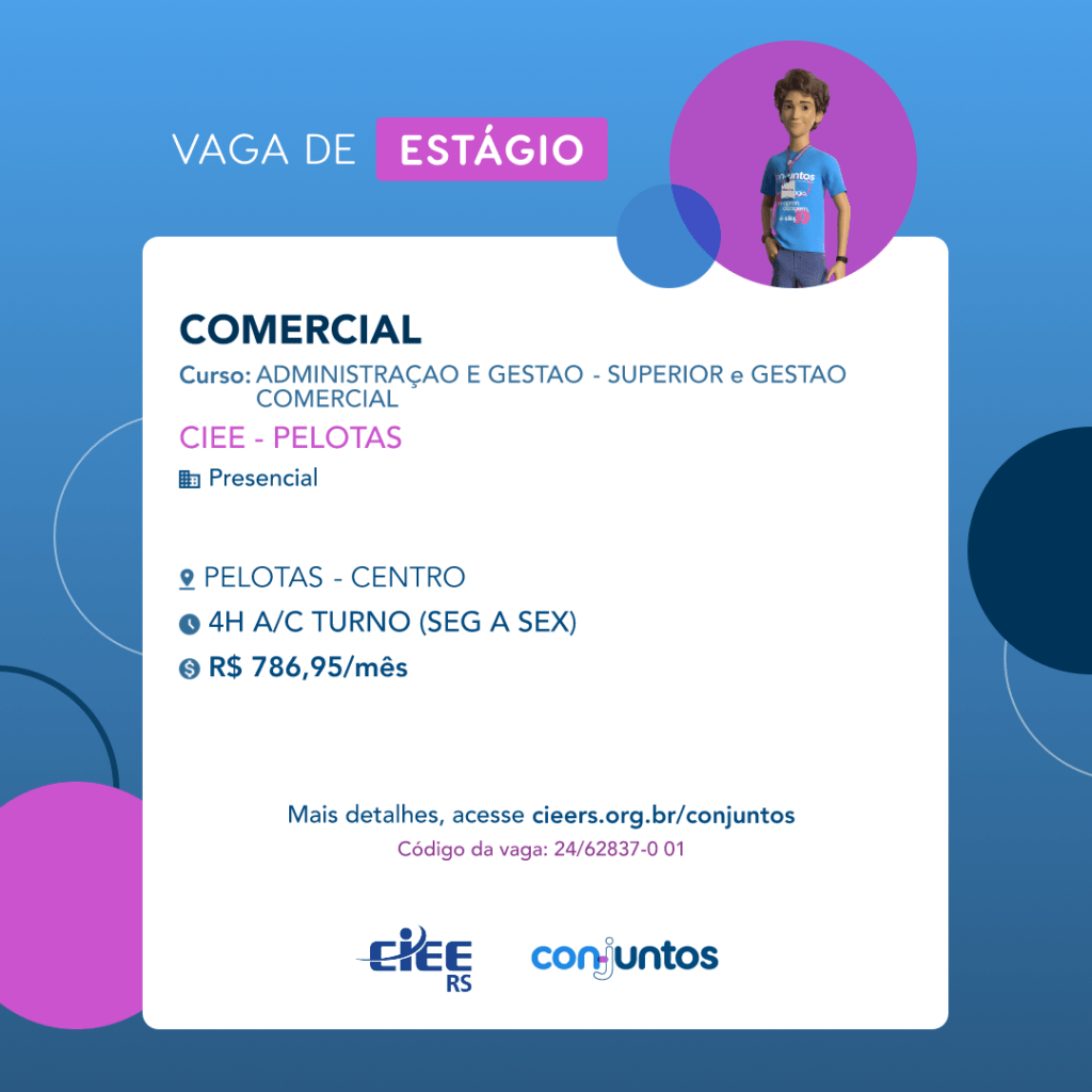 #ParaTodosVerem: Card de fundo azul, com círculos nas cores azul forte e roxo nas laterais. Na parte superior central contém o título: vaga de estágio. Ao lado direito, dentro de um círculo de fundo roxo, está a figura de um estagiário: homem branco, cabelos curtos, vestindo uma camiseta azul claro, por cima um crachá, calça cinza e no pulso um relógio preto. Abaixo, centralizado, um quadrado de fundo branco com a descrição da vaga para Comercial, ofertado aos cursos de Administração e Gestão - superior e técnico. Em seguida, o nome da empresa contratante: CIEE Pelotas, localizada no Centro de Pelotas. Vaga para estágio presencial. O horário de trabalho será de segunda a sexta, 4 horas por dia, turno a combinar. O valor da bolsa é de R$786,95 por mês. Abaixo o texto: mais detalhes, acesse cieers.org.br/conjuntos. Informa-se o código da vaga: 24/62837-0 01. Por fim, na parte inferior centralizada encontra-se o logotipo do CIEE RS e do Conjuntos.