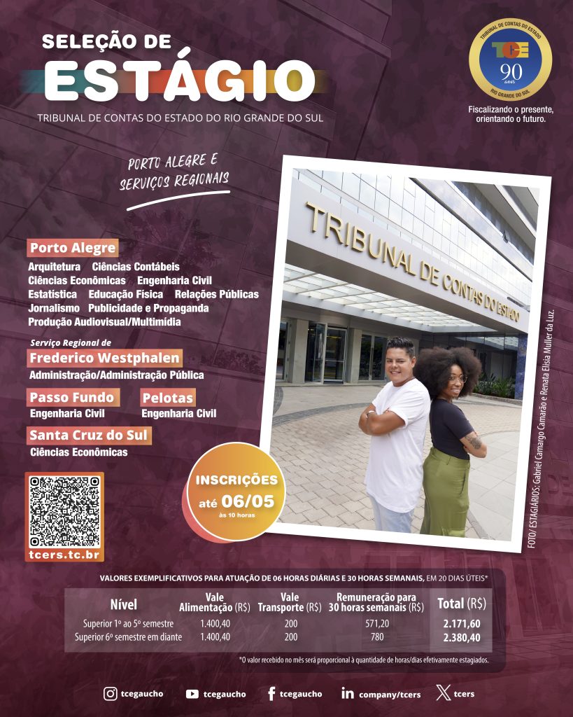 #PraTodosVerem: Card de divulgação de seleção de estágio com fundo em tom roxo escuro e detalhes gráficos geométricos. No topo, o título “Seleção de Estágio” em letras brancas e coloridas, seguido da informação “Tribunal de Contas do Estado do Rio Grande do Sul”. Ao centro, aparecem os locais com vagas disponíveis: Porto Alegre, Frederico Westphalen, Passo Fundo, Pelotas e Santa Cruz do Sul, acompanhados dos cursos aceitos em cada cidade, como Arquitetura, Ciências Contábeis, Engenharia Civil, entre outros. No lado direito do card, há uma imagem de dois jovens sorrindo em frente ao prédio do Tribunal de Contas do Estado. Um círculo em tons alaranjados destaca que as inscrições vão até o dia 6 de maio, às 10 horas. Abaixo, uma tabela mostra os valores de vale-alimentação, vale-transporte e remuneração conforme o nível do curso e carga horária de 30 horas semanais. No canto inferior esquerdo, há um QR Code e o site “tcers.tc.br”. As redes sociais do TCE-RS aparecem ao final do card.