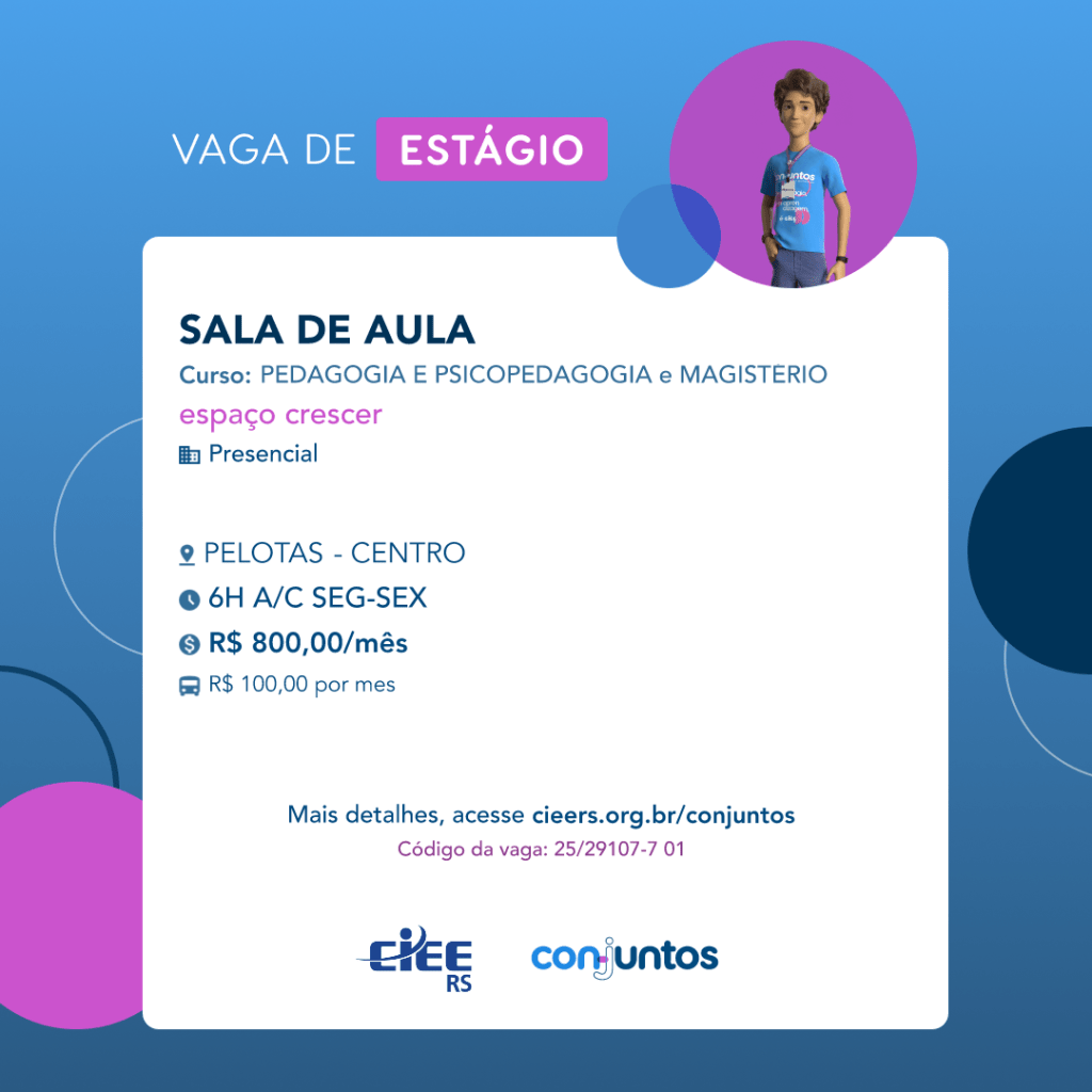 #PraTodosVerem: card de divulgação de vaga de estágio, com fundo azul, com formas geométricas em tons de azul mais escuro e rosa. Na parte superior consta a frase em destaque “vaga de estágio”, ao lado há a imagem de um homem, vestindo camiseta azul, e usando crachá. Abaixo no fundo branco, informações sobre a vaga, ofertada para o Curso de Pedagogia e Psicopedagogia. Modalidade presencial, no Município de Pelotas, Centro, por Espaço Crescer. Horário de estágio: 6 horas à combinar de segunda a sexta. Remuneração mensal de Oitocentos reais. Auxílio transporte de cem reais mensais. Para maiores detalhes acessar o link: cieers.org.br/conjuntos. O código da vaga: 25/29107-7 01. Abaixo há o logo do Ciee-RS e conjuntos.