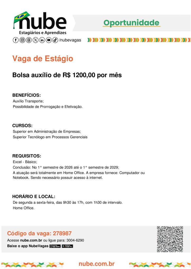 #ParatodosVerem: card digital da Nube divulgando vaga de estágio. No topo aparece o logotipo da Nube acompanhado de ícones de redes sociais e a palavra “Oportunidade” destacada em verde. Logo abaixo, em destaque na cor laranja, está escrito “Vaga de Estágio”, seguido da informação de bolsa auxílio no valor de R$ 1200,00 por mês. O texto apresenta os benefícios, que incluem auxílio transporte e possibilidade de prorrogação e efetivação. Informa também que a vaga é destinada a estudantes dos cursos de Administração de Empresas ou Tecnólogo em Processos Gerenciais. Entre os requisitos, consta conhecimento básico em Excel, previsão de conclusão do curso entre o primeiro semestre de 2026 e o primeiro semestre de 2029 e atuação totalmente em home office, com a empresa fornecendo computador ou notebook, sendo necessário que o estudante tenha acesso à internet. O horário de trabalho é de segunda a sexta-feira, das 9h30 às 17h, com 1h30 de intervalo. Na parte inferior do cartaz aparece o código da vaga (278987), o site do Nube, o telefone para contato, ícones de aplicativos para download e um QR Code.