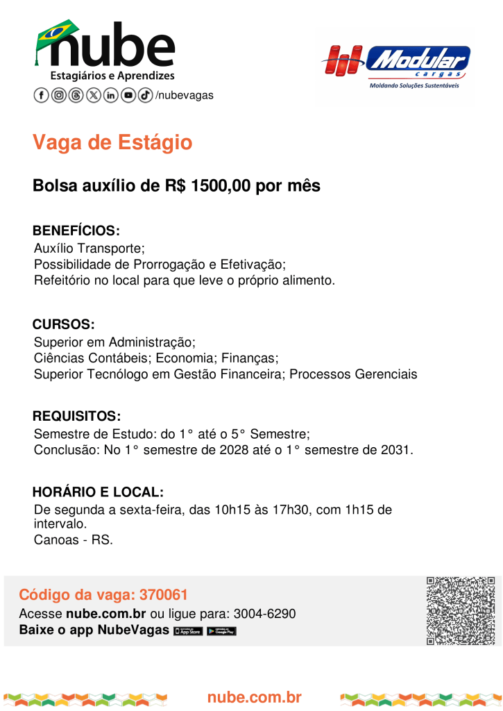 #ParatodosVerem:
A imagem é um cartaz digital do Nube, Núcleo Brasileiro de Estágios, divulgando uma vaga de estágio da empresa Modular Cargas, cuja logomarca aparece no canto superior direito. No topo também está o logotipo do Nube e seus ícones de redes sociais. Em destaque, aparece o título “Vaga de Estágio”, seguido da informação de bolsa auxílio de R$ 1.500,00 por mês.

O cartaz informa benefícios como auxílio transporte, possibilidade de prorrogação e efetivação e refeitório no local, sendo necessário levar o próprio alimento. A oportunidade é destinada a estudantes de Administração, Ciências Contábeis, Economia, Finanças, Gestão Financeira e Processos Gerenciais. Entre os requisitos, é necessário estar entre o 1º e o 5º semestre do curso, com previsão de conclusão entre o 1º semestre de 2028 e o 1º semestre de 2031.

A jornada é de segunda a sexta-feira, das 10h15 às 17h30, com 1h15 de intervalo, em Canoas/RS. Na parte inferior, aparece o código da vaga, 370061, além de um QR Code, o site do Nube e o telefone para contato.