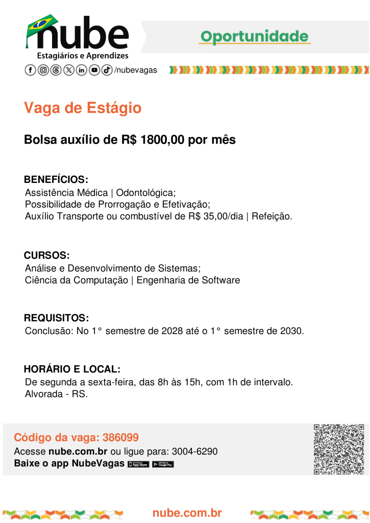#Paratodosverem: card de divulgação de vaga de estágio do Nube – Estagiários e Aprendizes. No topo, aparecem o logotipo do Nube e a indicação “Oportunidade”. A vaga oferece bolsa-auxílio de R$ 1.800,00 por mês. Os benefícios incluem assistência médica e odontológica, possibilidade de prorrogação e efetivação, auxílio-transporte ou combustível de R$ 35,00 por dia e refeição. Destina-se a estudantes dos cursos de Análise e Desenvolvimento de Sistemas, Ciência da Computação ou Engenharia de Software, com previsão de conclusão entre o 1º semestre de 2028 e o 1º semestre de 2030. O estágio ocorre de segunda a sexta-feira, das 8h às 15h, com 1 hora de intervalo, em Alvorada/RS. O código da vaga é 386099. Na parte inferior, constam o endereço do Nube, telefone e um QR Code para acesso à oportunidade.